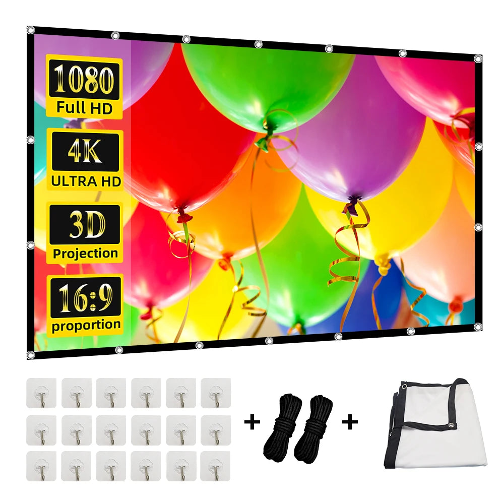 Projection Curtain 16: 9 Ratio Hight-Density 60-200 Inch Foldable Anti-Crease Portable Movie Projector Screen